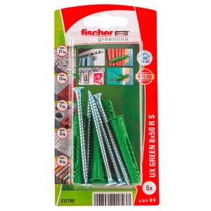 Fischer UX Green tiplik 8x50 csavarokkal, 5 darabos csomag. Univerzális tipli különböző építőanyagokhoz.