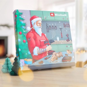 Einhell szerszám adventi naptár Mikulás illusztrációval, műhely témával. 24 ajtó praktikus szerszámkészletekhez.