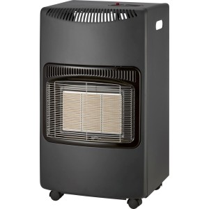 Fekete mobil infravörös gázfűtő, 1,4-4,2 kW, görgőkkel és látható kerámia égővel.