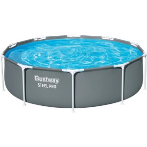 Bestway Steel Pro Szabadon álló medence, szürke, Ø 305 cm. Családi medence acélvázzal és kék vízzel.