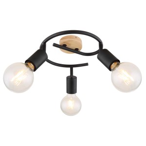 Fekete LED spotlámpa három lámpával és fa elemmel.