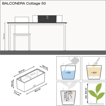 Lechuza Balconera Cottage 50, homokbarna, méretekkel és öntözési útmutatóval.