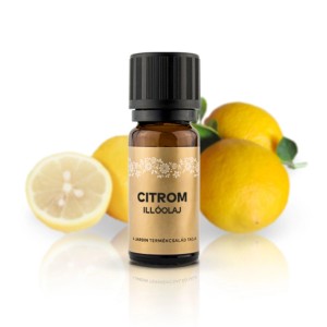 Aromaterápia: Barna üvegpalack citromolajjal és citromokkal a háttérben.