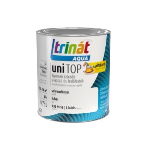 Fehér Trinát Aqua UniTop festék fához és fémhez, 0,75 literes doboz.
