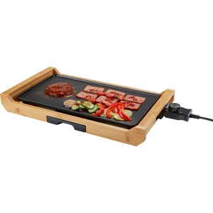 Belfast elektromos asztali grill bambuszkerettel és grillezett étellel.