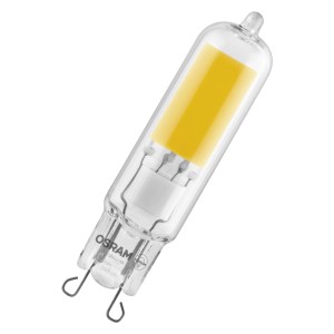 Osram G9 LED lámpa átlátszó üveggel és sárga fényforrással.
