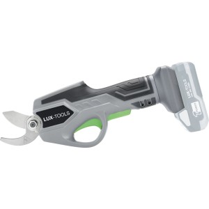 LUX-TOOLS A-AS-20/30 akkus metszőolló, 20V, akku nélkül. Szürke ágvágó olló zöld kapcsolóval.