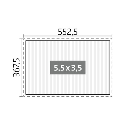 A Biohort 5,5 m x 3,5 m-es kvarc-ezüst pergolájának vázlata méretekkel.