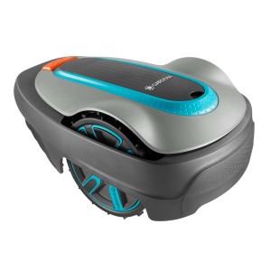 Szürke robotfűnyíró kék díszítéssel a gyepápoláshoz.