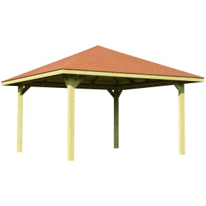 Weka Pavillon Gartenoase 651 A fa pavilon piros tetőzsindellyel, teljes nézet.