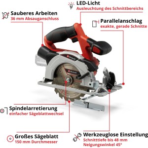 Einhell Power X-Change TE-CS 18/150 Li Solo akkus kézi körfűrész: Piros és ezüst akkus fűrész fűrészlappal.