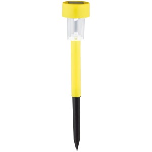 Sárga LED-es szolár lámpatest kerti utakhoz és virágágyásokhoz. Műanyag szolár útvilágítás, kb. 30 cm magas.