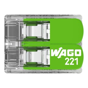 Wago 221-422 összekötő kapocs karokkal, 2 vezetékes, 16 darab, átlátszó ház.