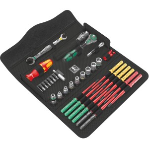 Wera W 1 Kraftform Kompakt szerszámkészlet, 35 darabos, nyitott szerszámtáskában.