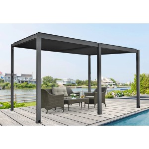 Antracit Floraworld pergola lamellás tetővel és kerti bútorokkal egy teraszon.