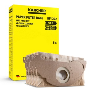 Öt barna Kärcher papírszűrő zsák porszívókhoz, sárga Kärcher csomagolás előtt.