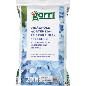 Hortenzia föld virágföld kék hortenzia virágokkal a csomagoláson.
