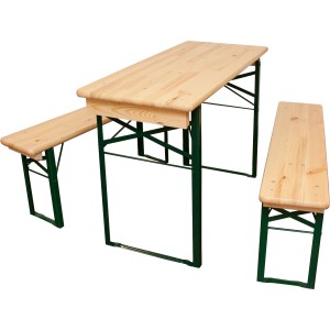 Kis sörasztal garnitúra erkélyre/teraszra 60 cm széles asztallal, fa lapokkal és zöld acélvázzal.