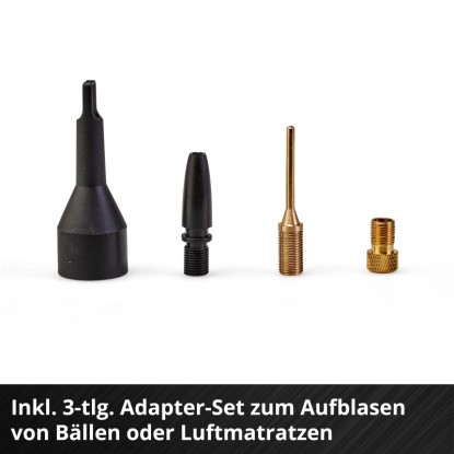 Einhell Pressito akkus kompresszor: 3 részes adapterkészlet labdákhoz, gumiabroncsokhoz és légmatracokhoz.