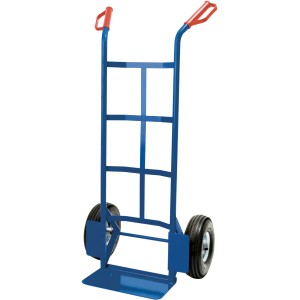 Kék Basis Plus kézikocsi piros fogantyúkkal és 200 kg teherbírással szállításhoz.