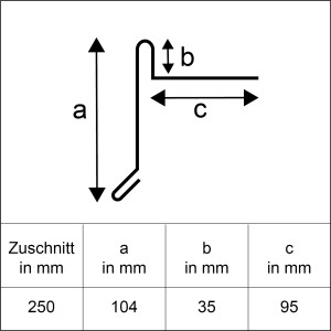 Vázlat a természetes alumínium szegélylemezről 250x1000mm: Profilnézet a, b, c méretekkel.