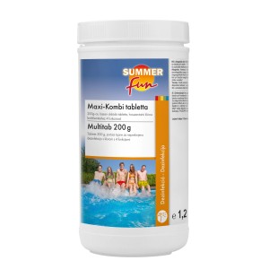 Summer Fun Multitab 200g medence fertőtlenítéshez. Fehér doboz sárga szalaggal.