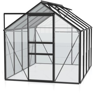 Vitavia Venus 5000 üvegház, 5 m², fekete, nyitott ajtóval. Ideális növénytermesztéshez.