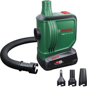 Bosch EasyInflate 18V-500 akkus légpumpa tömlővel és fúvókákkal, légmatracokhoz.