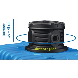 Közelkép a 4rain Flat S 1500 l-es lapos tartályról akna toldattal, forgatható és rövidíthető.