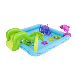 Bestway Aquarium vízi játszóközpont csúszdával, delfinnel, polippal és pálmafával.