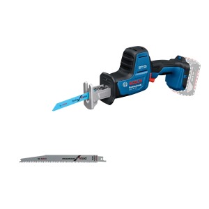 Bosch Professional GSA 18V-24 akkus szablyafűrész kék házzal és fűrészlappal.