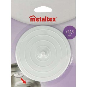 Fehér Metaltex mosdó lefolyódugó, 10,5 cm átmérő.