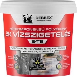 Vödör Debbex 2K folyékony vízszigetelés, fürdőszobába, teraszra, pincébe és medencébe alkalmas. Radonvédelem.