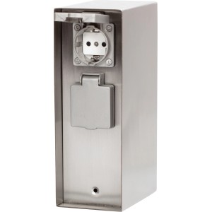Ezüst színű, rozsdamentes acél, 4-es dugaszolóoszlop IP44 kültéri használatra.