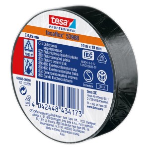 Fekete Tesa szigetelőszalag, tesaflex 53988, 10m x 15mm, elektromos szerelésekhez.