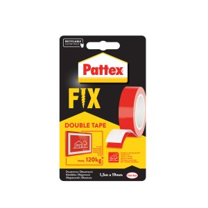 Pattex FIX kétoldalas ragasztószalag, 1,5 m x 19 mm, csomagoláson.