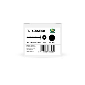 FN Acustico csavarok csomagolása, 4,5x45mm, TX25, fekete, akusztikus panelekhez.