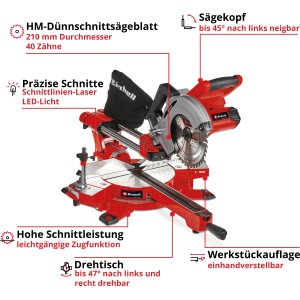 Einhell Power X-Change akkus húzó-billenő fűrész TE-SM 36/210 Li Solo, piros. Fűrész forgóasztallal és dönthető fejjel.
