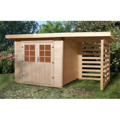 OBI Outdoor Living La Spezia fa kerti ház lapostetővel és toldalékkal, kezeletlen.