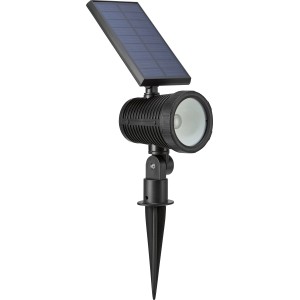 Fekete LED-es szolár spotlámpa földszúróval kerthez és teraszhoz.