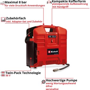 Einhell TE-AC 36/8 Li OF Solo akkus kompresszor koffer kivitelben, piros. Kompresszor Power X-Change akkumulátorokhoz.