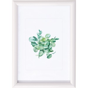 Fehér műanyag képkeret (10x15 cm) paszpartuval és eukaliptusz mintával.