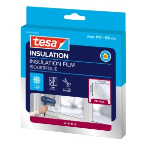 A tesa® Insulation Thermo Cover ablakfólia csomagolása, 1,70x1,50 m. Átlátszó szigetelő fólia ablakokra.