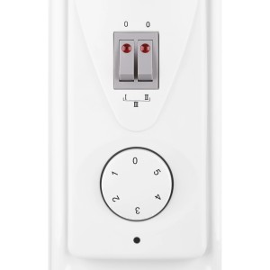 Közelkép: A Karup 1500 W-os olajradiátor vezérlői kapcsolókkal és termosztáttal.