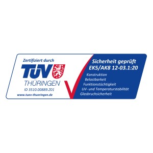 TÜV Thüringen tanúsítvány Vitavia üvegházhoz: biztonság, terhelhetőség, UV- és hőmérsékletállóság.