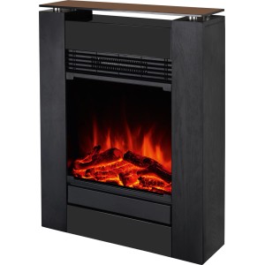 Fekete Glasbury Fire elektromos kandalló üveg előlappal, fa megjelenéssel, LED lánghatással és parázsló rönkökkel.