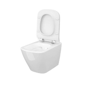 Fehér fali WC szett perem nélküli öblítéssel és szögletes kialakítással.