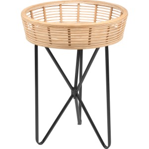 Kerek Minimalist Zen asztal bambusz tálcával és fekete fémvázzal.