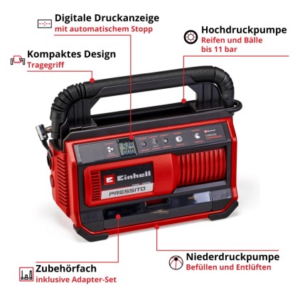 Einhell Power X-Change Pressito 18/25: Kompakt, piros kompresszor digitális kijelzővel és fogantyúval.
