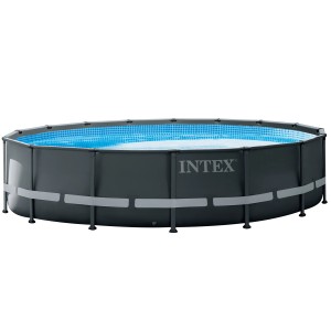 Intex Frame Pool Set Ultra Rondo XTR, Ø 488 cm, acélvázas medence, sötétszürke, kék belsővel.